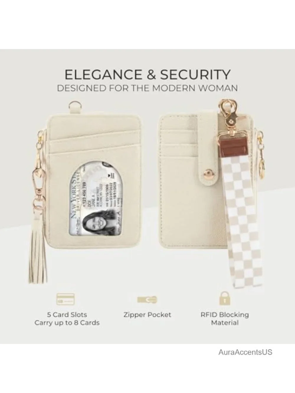 Wristlet Keychain Wallet RFID Blocking Card Holder with Zipper Pocket and Tassel